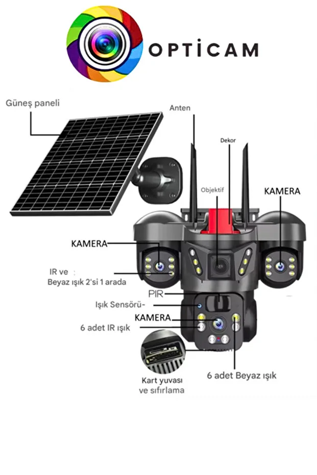 WİFİ Güneş Enerjili 3+3+3 MP Solar Güvenlik Kamerası,360 Derece Açı ,Güçlü Batarya